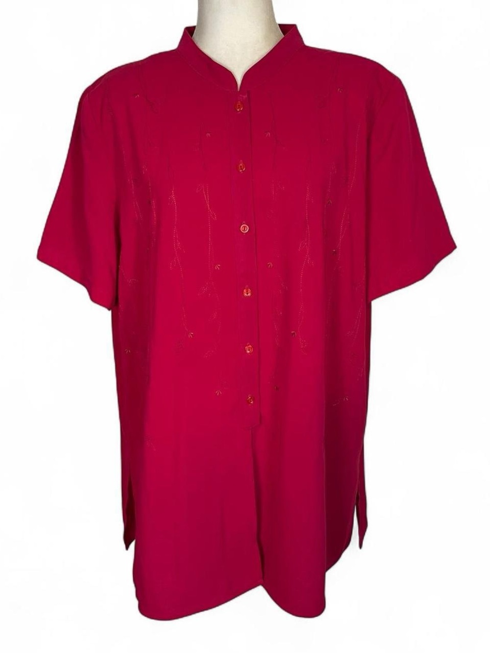 Vintage 80s 90s Liz Baker Plus Size 1X Blouse Red Embroidered Button Down